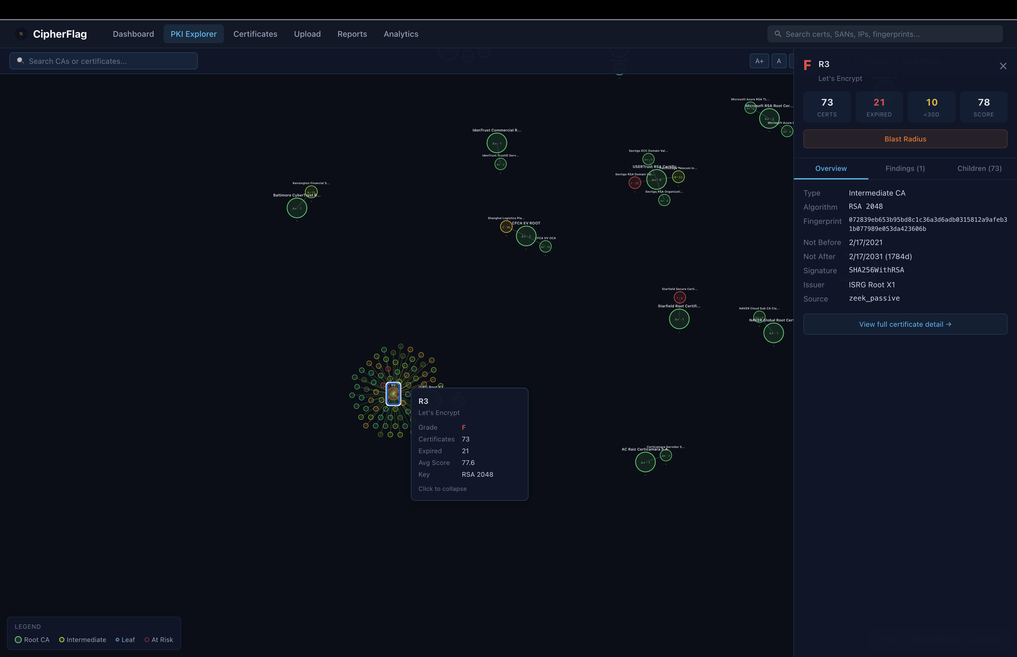 CipherFlag PKI Explorer — force-directed graph of certificate authority hierarchy